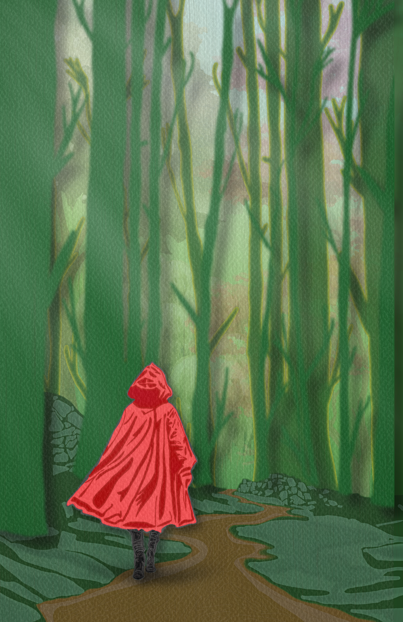 A child in a red cloak on a path through the deep green woods